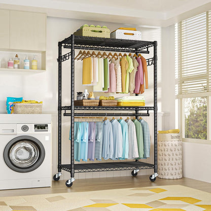 FUTASSI P1 Plus Rolling Clothes Rack, 22mm Diameter Heavy Duty Garment Rack with Wheels, Portable Closet Wardrobe with Double Rods, 45" W x 17.7" D x 80.5" H, Max Load 524 LBS, Black