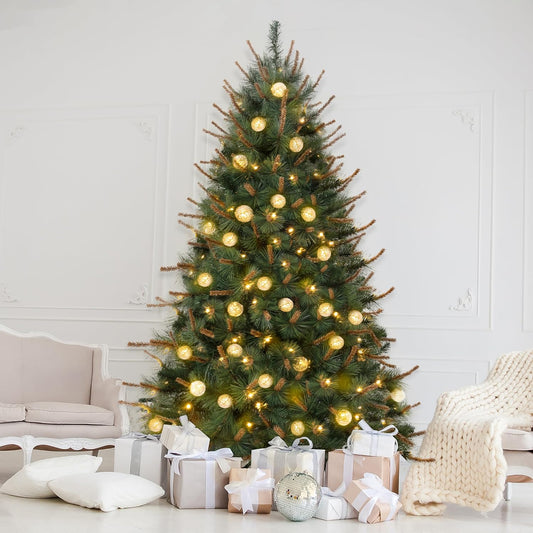 Selena 6.5ft Prelit Artificial Christmas Tree with 857 Branch Tips, 300 Warm Lights and Metal Stand, 43" Wide Realistic Withered Christmas Tree with Lights by Naomi Home