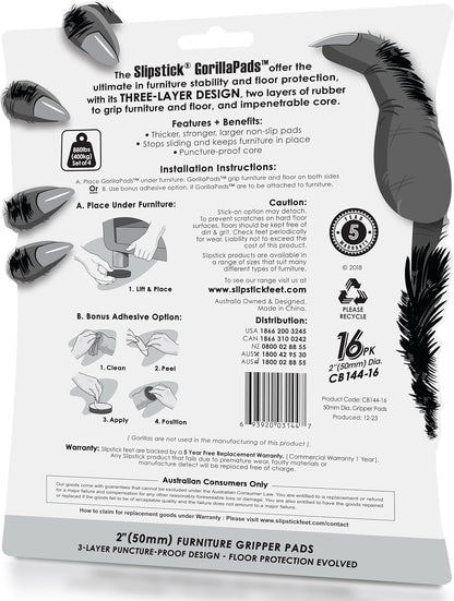 GorillaPads Non Slip Furniture Pads/Floor Grippers (Set of 16 Grips) 2 Inch Round Floor Protectors for Under Furniture, Black, CB144-16