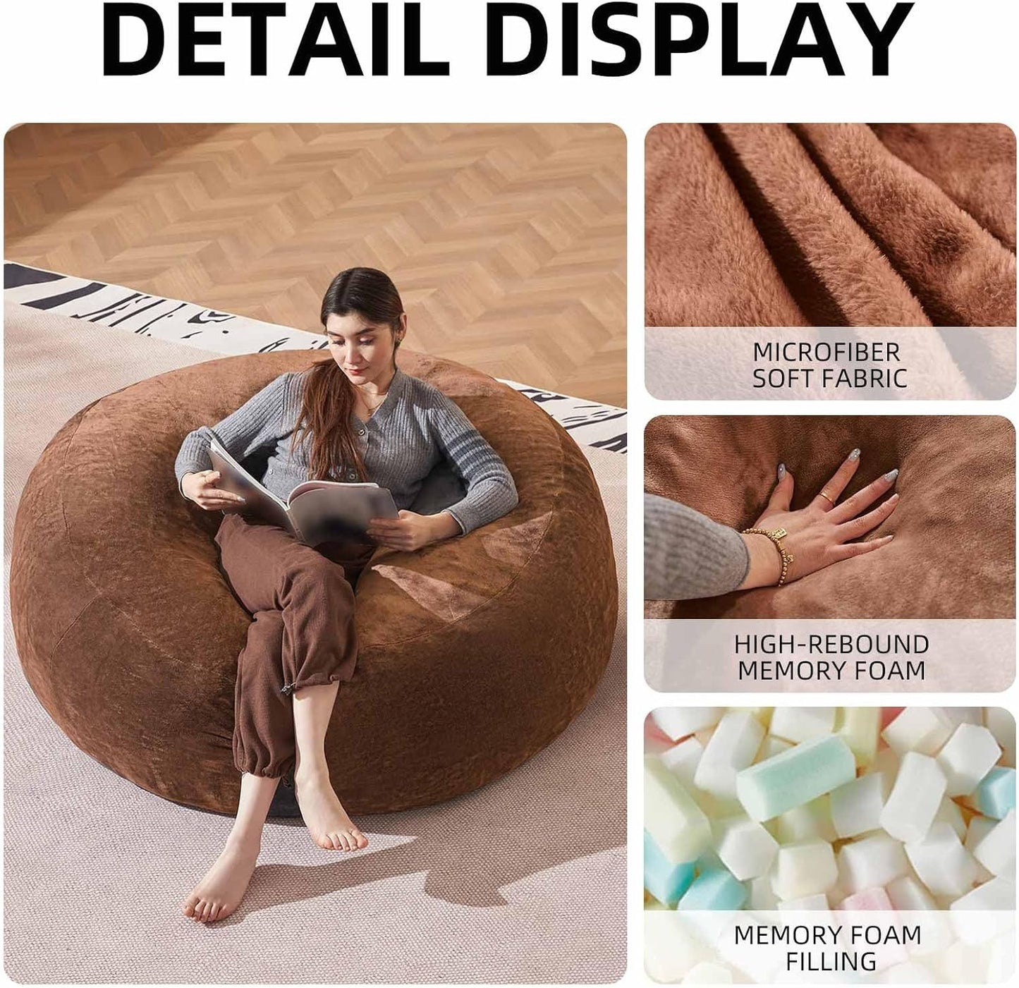 Bean Bag Chair 4Ft, Memory Foam Filled, Large Beanbag Chairs for Adults and Teens, Soft Sofa with Removable Flannel Cover, Round Couch for Living Room Bedroom College Dorm (Coffee, 4FT-47×47"×24")