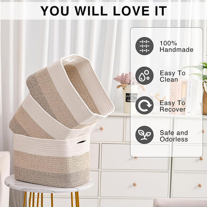 Storage Baskets for Organizing Shelves, Woven Cotton Rope Bins for Baby Nursery Organization, Book Toy Towel Organizer, 15"x11"x9.5", 3 Packs, Gradient Brown