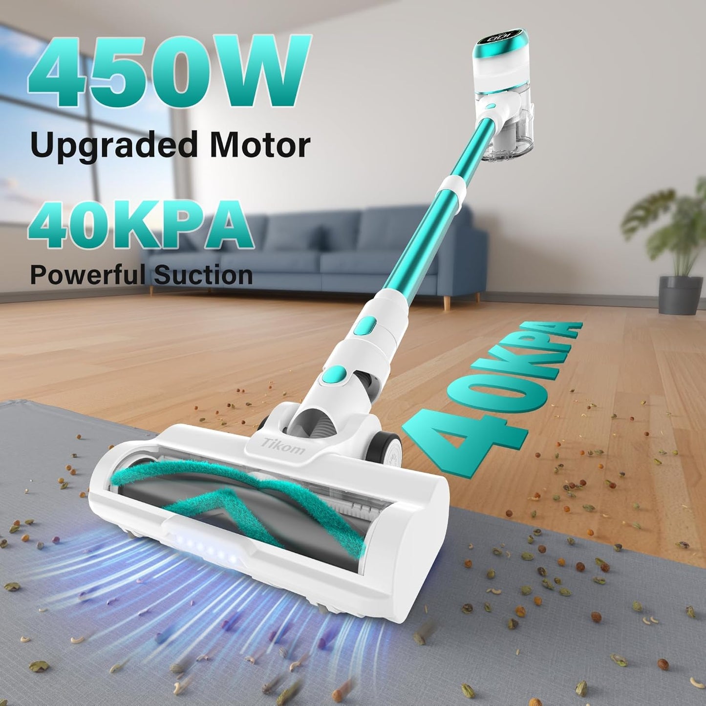 Tikom V500 Cordless Vacuum Cleaner for Home, 40000Pa/450W Stick Vacuum with LED Touch Screen, Charging Wall Dock, Anti-Tangle, Lightweight Handheld Vacuum for Pet Hair, Hard Floor, Carpet, Blue