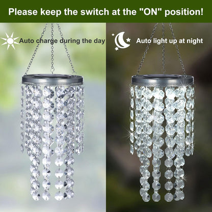 Hanging Solar Lantern Outdoor, 2 Tiers 21” Solar Transparent Acrylic Beaded Chandelier with Cool White LED S Hooks for Garden Yard Patio Gazebo Outside Decor