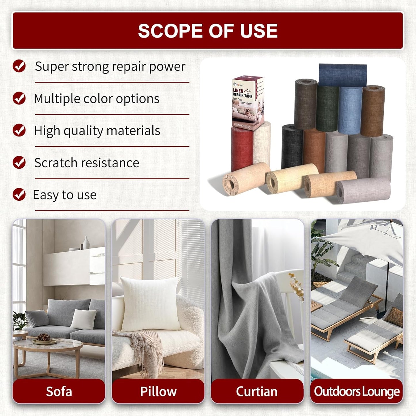 Linen Repair Tape 4x79 inch, Self Adhesive Fabric Patches, Linen Patch Tape Kit, Fabric Repair Tape for Couch Sofas, Headboards, Chairs, Pillows, Curtains, Couches - Black Grey