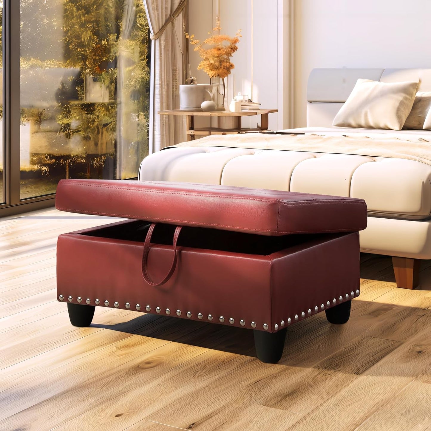 Ottoman Rectangular Storage Ottoman Bench, Faux Leather Footrest, Coffee Table, Stool Footstool with Hinged Lid for Living Room, Bedroom, Entryway, Red, 28.5"x19"x17.5"