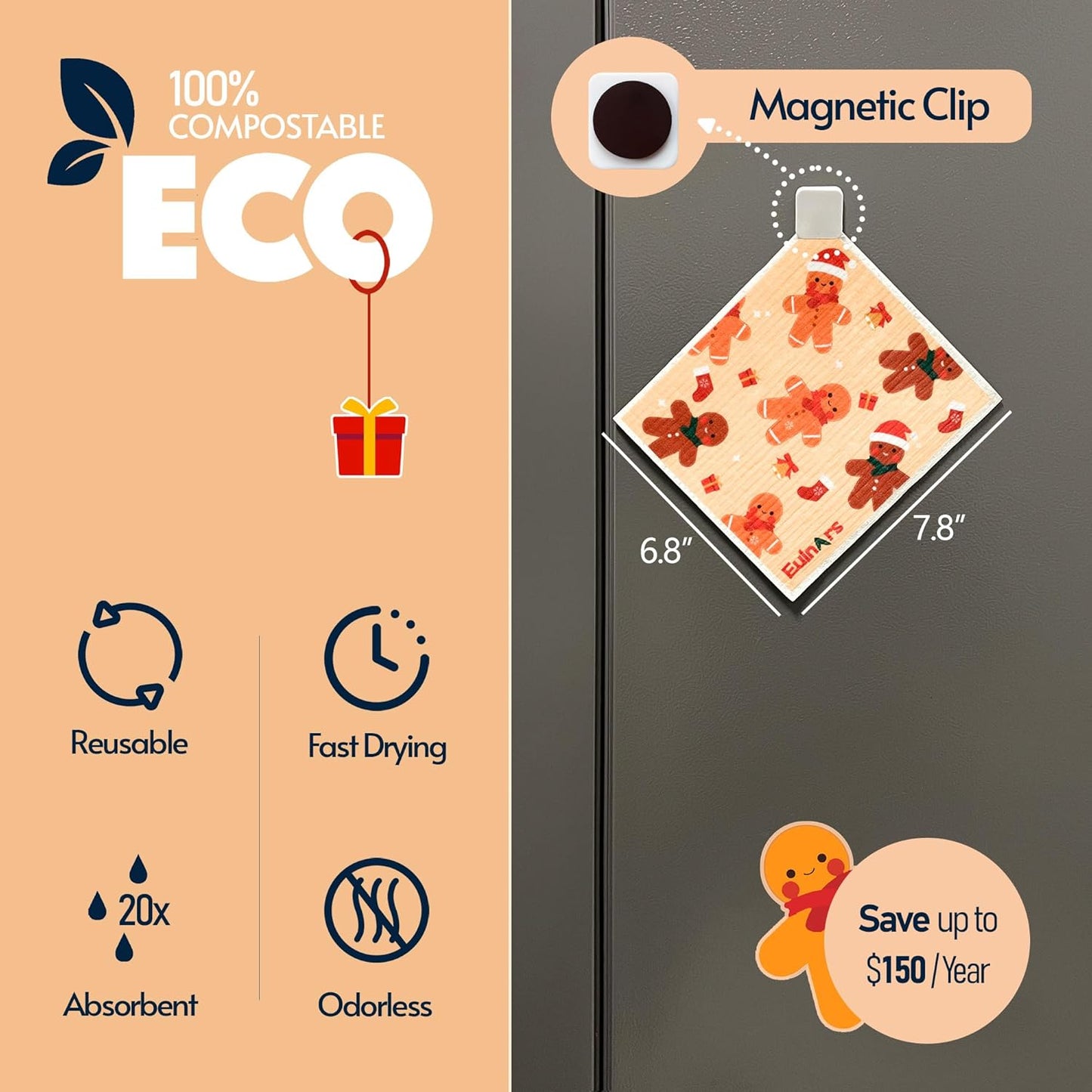 Reusable Paper Towels, Christmas Swedish Dishcloths for Kitchen 8-Pack, Non-Scratch Swedish Dish Towels, Super Absorbent Cellulose Dish Cloths, No Odor Cleaning Rags