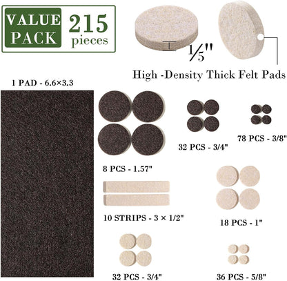 Fursafe&Q Felt Furniture Pads, Furniture Felt Pads for Hardwood Floors -Self Adhesive Chair Leg Floor Protectors, Protect Your Floors from Nicks, Bumps and Scratch, 215 Pcs Brown Beige Chair Feet