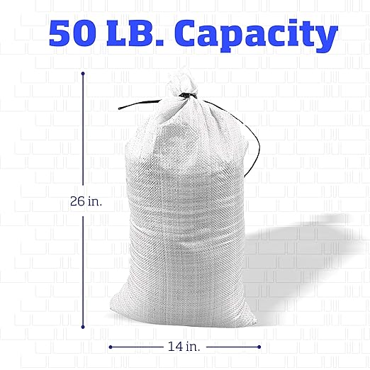 DURASACK Heavy Duty Sand Bags with Tie Strings Empty Woven Polypropylene Sand-Bags for Flood Control with 1600 Hours of UV Protection, 50 lbs Capacity, 14x26 inches, White, 6000 Count