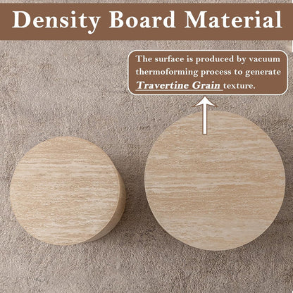 Round Nesting Coffee Table Set of 2 Modern Round Fluted Coffee Table Small Circle Coffee Tables Circular Side Table End Table Nested Coffee Tables for Living Room (Travertine 18in)