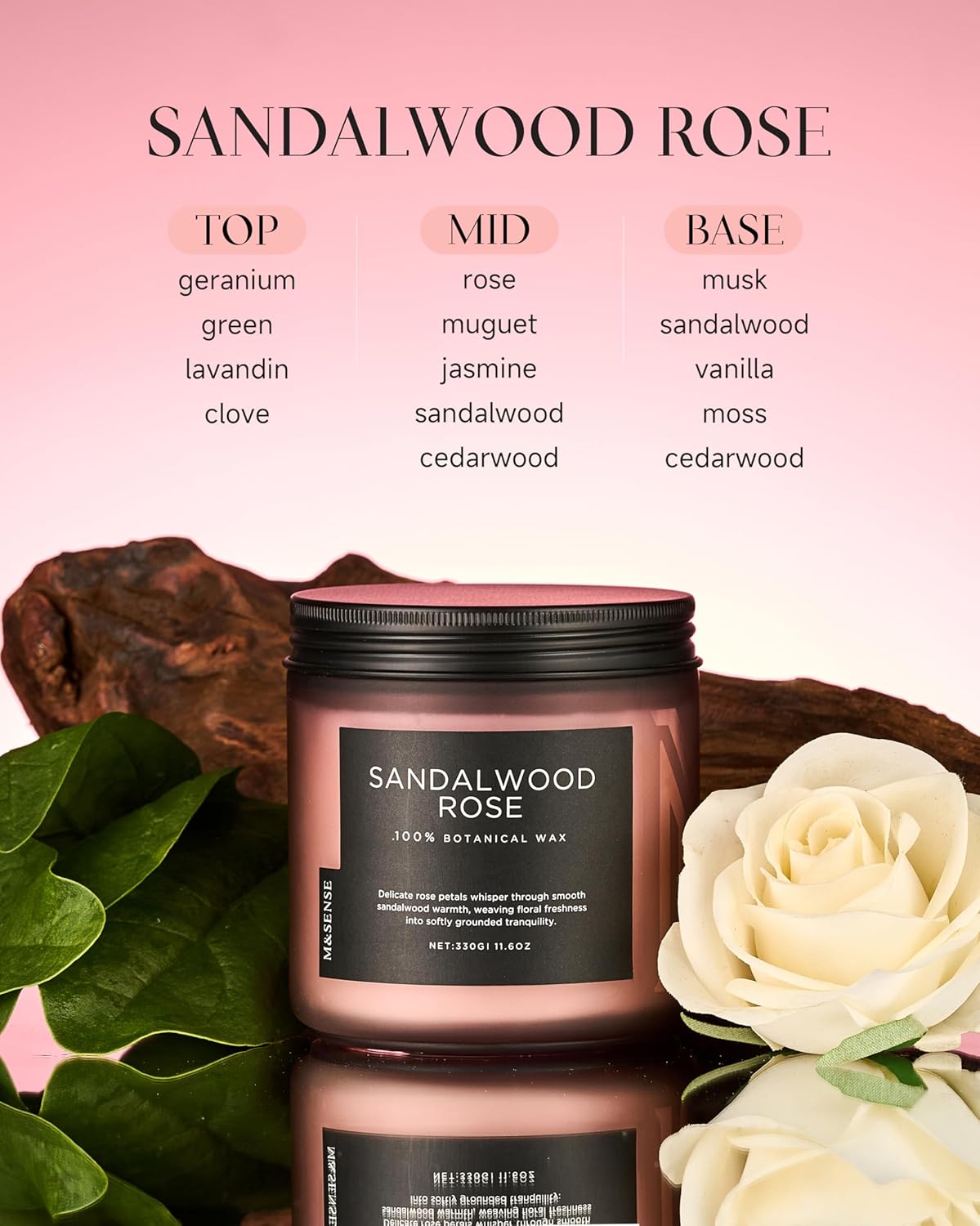 M&SENSE Sandalwood Rose Scented Candle - 11.6oz Natural Soy Wax Non Toxic 70-Hour Burn Long Lasting Candle, 2-Wick Strong Scent for Home - Slow-Burning Housewarming Gift for Men & Women