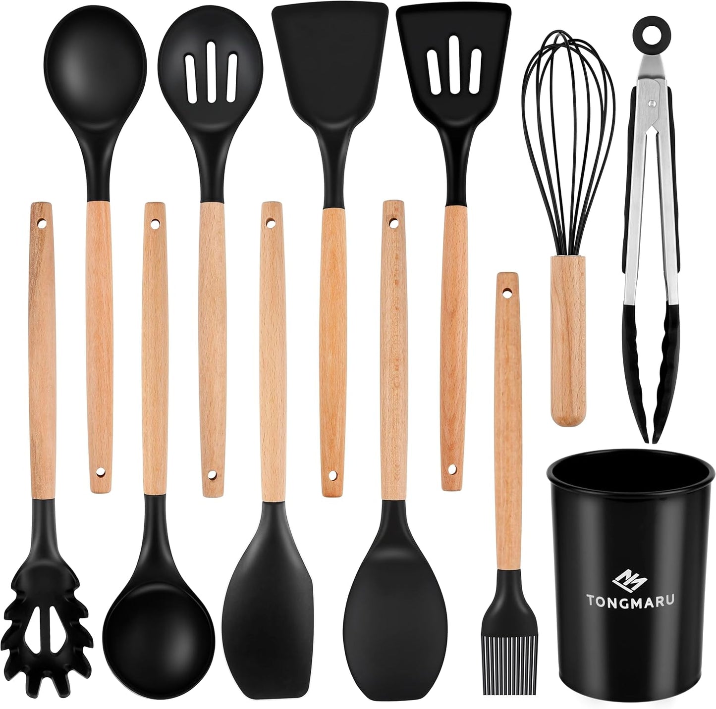 Silicone Cooking Utensils Set, Premium Beech Wood Handle Kitchen Gadgets Utensil Set, Non-Stick Kitchen Utensils Spatula, Tongs, Turner, Whisk, Brush, Spoon, BPA FREE, 446°F Resistant (Black)