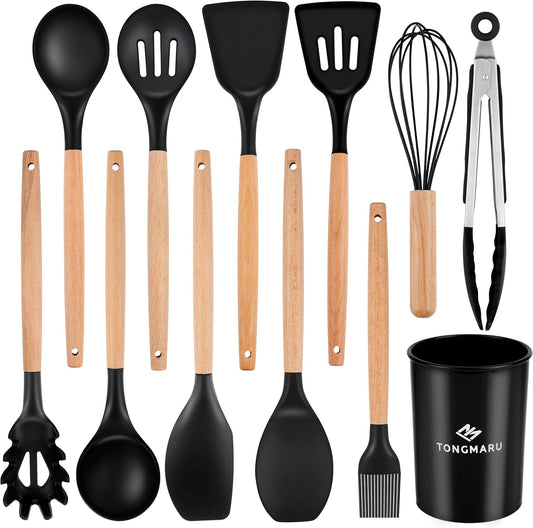Silicone Cooking Utensils Set, Premium Beech Wood Handle Kitchen Gadgets Utensil Set, Non-Stick Kitchen Utensils Spatula, Tongs, Turner, Whisk, Brush, Spoon, BPA FREE, 446°F Resistant (Black)