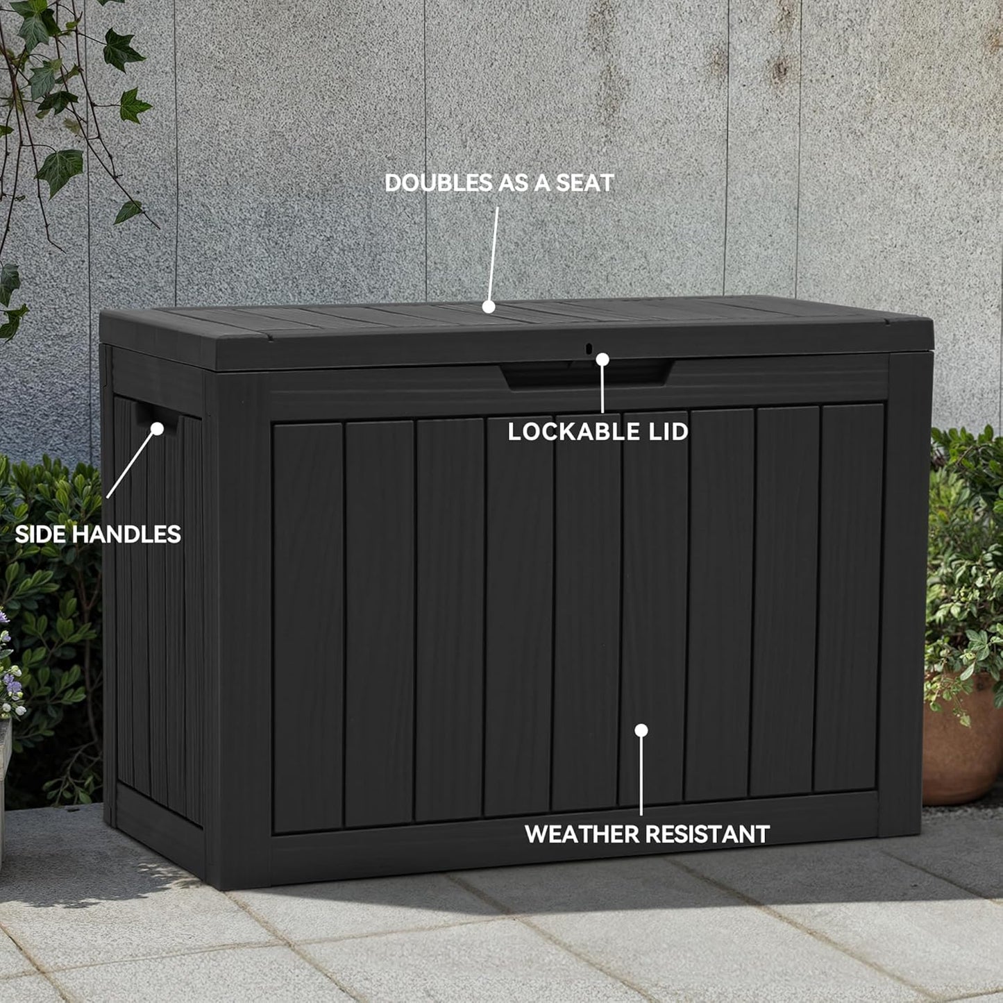 YITAHOME 45 Gallon Deck Box, Outdoor Storage Box for Patio Cushions, Outdoor Tools, Gardening Tools, Sports Equipment, and Throw Pillows, Lockable and Waterproof, Black