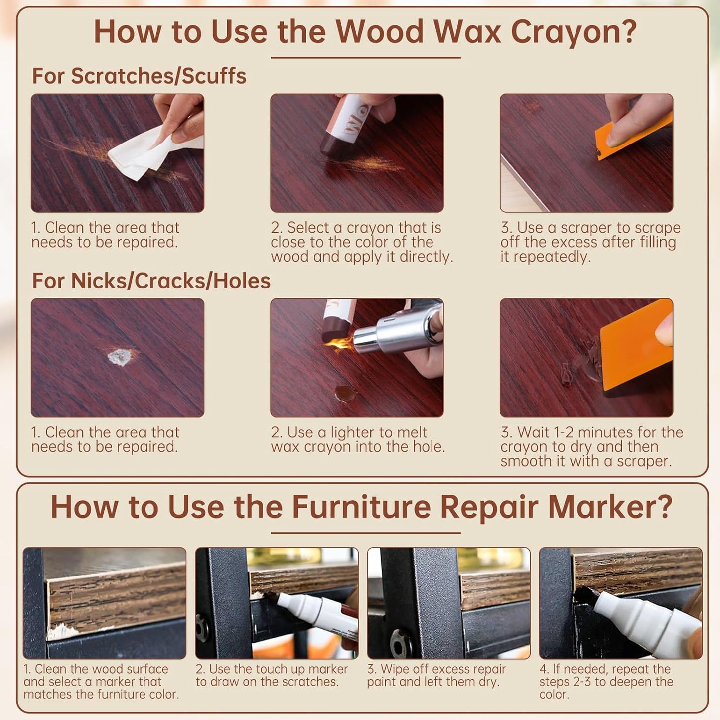 A-HEYIDA Wood Filler Sticks -16 Colors Wax Crayons for Furniture Scratch & 8 Colors Wood Touch-up Markers for Repair Any Scratches, Scuffs, Cracks and Nail Holes on Furniture,Floors,Doors,Cabinets