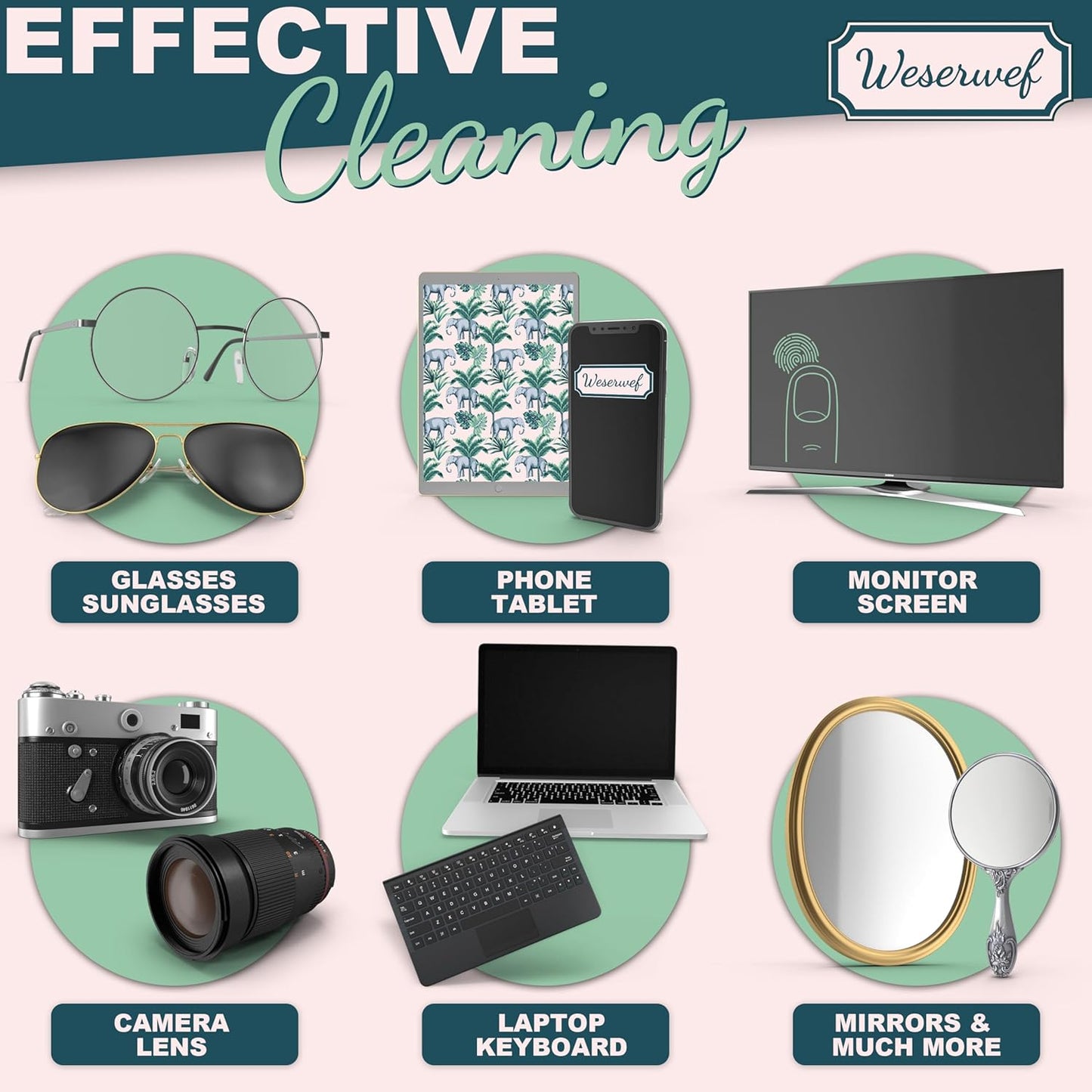 WESERWEF Design Microfiber Glasses Cleaning Cloth – Premium Cleaning Cloth for Eyeglasses, Screens, Tablets, Cameras & Lenses, 12" x 12", Ultra-Soft & Scratch-Free (Elephant)