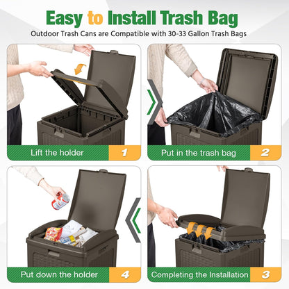 Flamaker 30 Gallon Trash Can, Resin Outdoor Garbage Can with Lid, Waterproof Hideaway Patio Waste Bins for Outside Use (2 Pack, Deep Brown)