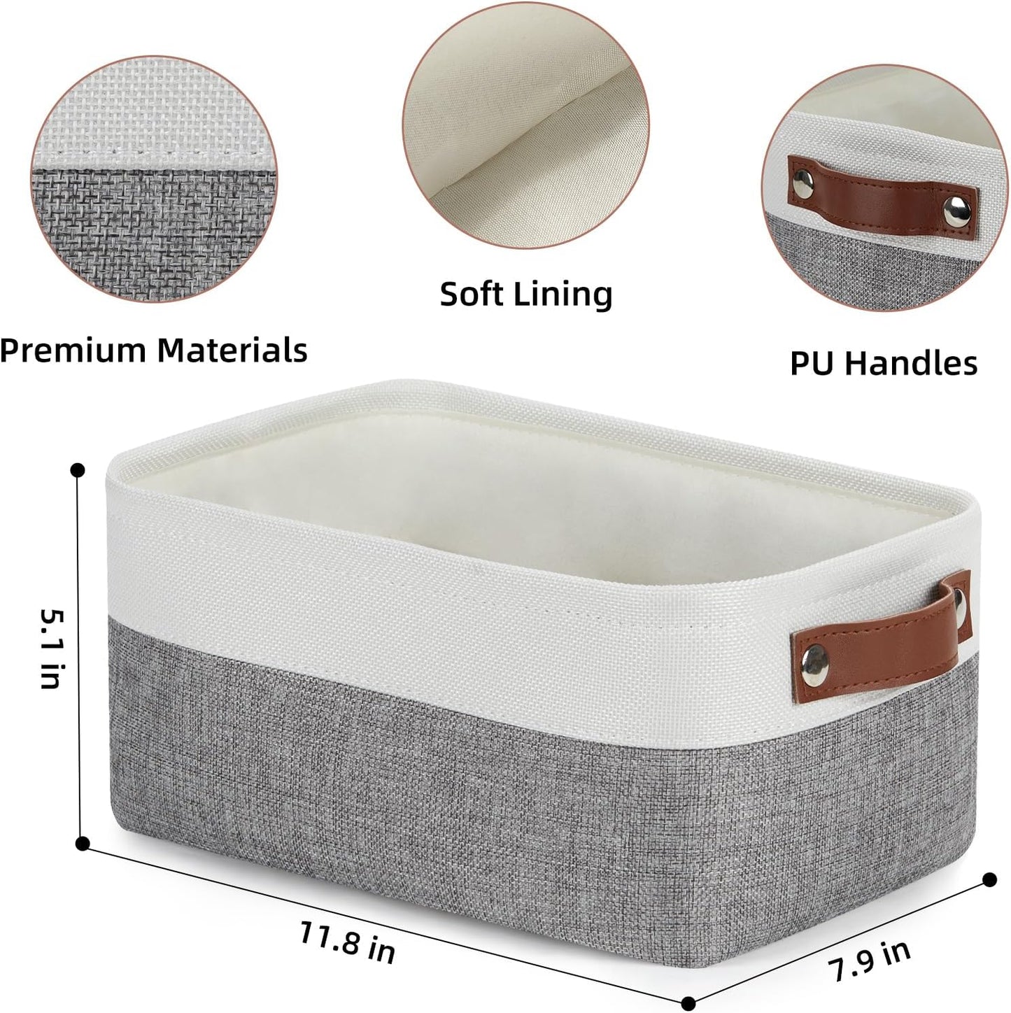 DULLEMELO Storage Baskets for Shelves, Small Fabric Storage Bins with Handles, Decorative Foldable closet storage baskets for organizing shelves(White&Grey, 2 Pack)