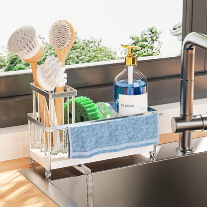 Cisily Stainless Steel Sponge Holder for Kitchen Sink with Towel Rack, Sink Caddy with Kitchen High Brush Holder, Organzier Rustproof 304 Stainless Steel Dish Organizer Divider, Soap Dispenser Storage