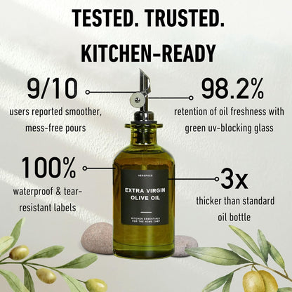 Green Glass Olive Oil Dispenser Bottle For Kitchen By Verpsace,Avocado Oil Dispenser Set, Modern Decor, Gold Kitchen Accessories for Home, Airbnb, Cafe (Black, Set of 2)