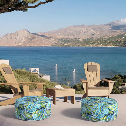 Inflatable Ottoman Stool D21 xH9 for Outdoor/Indoor Use, Water Repellent Patio Foot Rest with Portable Handle,Round Pouf Ottoman Suitable for Garden,Deck and Camping - Paisley Lapis Green