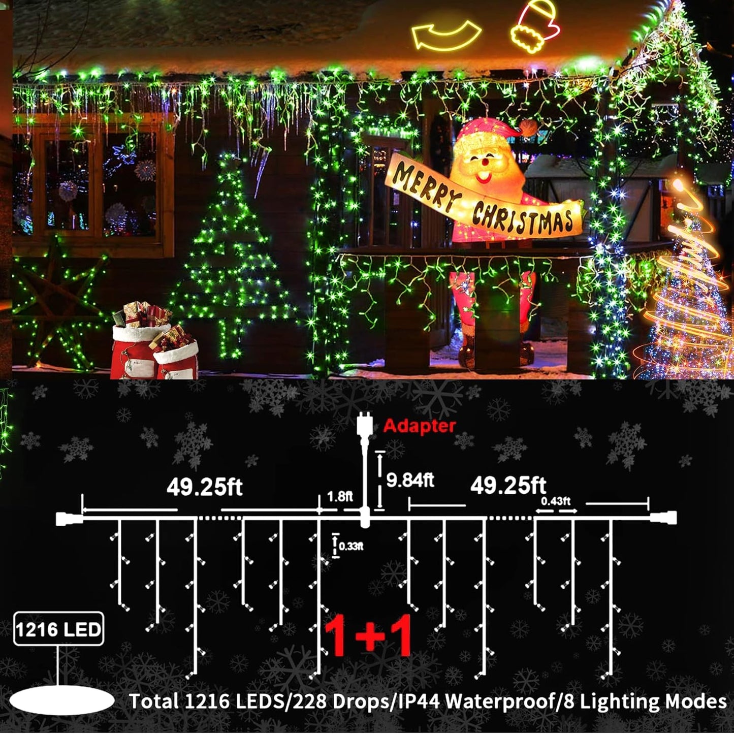 KNONEW 99ft 1216 LED Christmas Lights Outdoor Decorations with 228 Drops, 8 Modes Curtain Fairy Light, Clear Wire LED String Light Decor for Wedding Party Christmas (Green)
