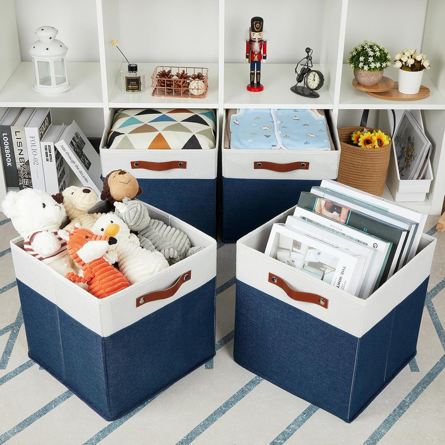 HNZIGE Fabric Storage Cubes Bins for Shelves,13x13 Storage Cubes, Set Of 4 Foldable Cubby Storage Bins for Organizing, Cloth Blue Storage Baskets for Cube Organizer Toy Nursery Shelves(Blue&White)