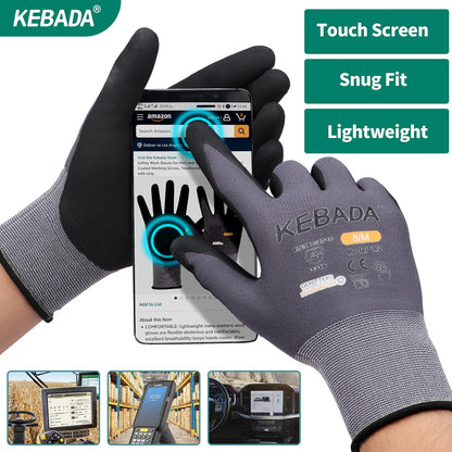 Kebada W2 Micro-Foam Coated Work Gloves, Touchscreen Working Gloves with Grip, Idea for Package Handling, Gardening, and Construction, 6 Pairs, Small