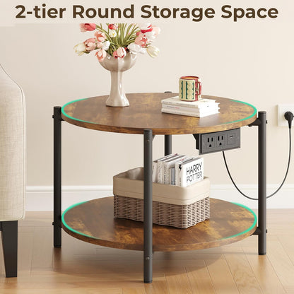 LIKIMIO Side Table, 23.6" W Round End Table with Charging Station, Modern Wooden Nightstand for Small Spaces, Living Room, Bedroom, Rustic Brown