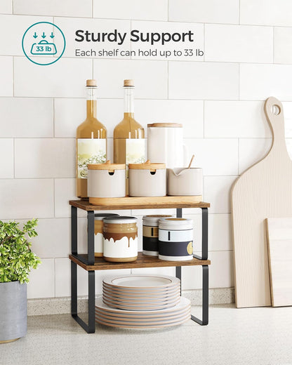 SONGMICS Cabinet Organizer Shelf, Set of 2 Kitchen Counter Shelves, Kitchen Storage, Spice Rack, Stackable, Expandable, Metal and Engineered Wood, Ink Black and Rustic Brown UKCS020X01