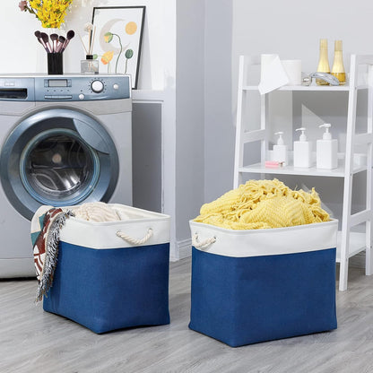 Bidtakay Large Canvas Organization Bins Set of 2 Navy Blue Rectangular Baskets 17x12x15 in for Blankets, Clothes, Towels, Dog Toys Storage