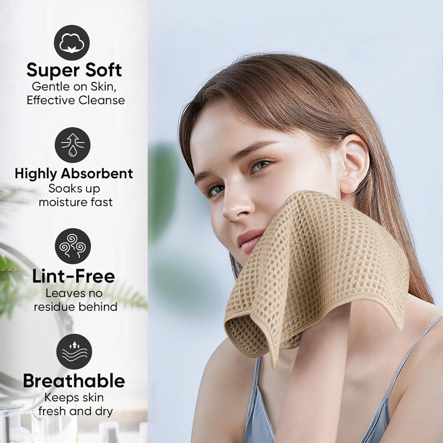 Microfiber Waffle Face Towels, 2 Pieces, Soft, Absorbent, Fast Drying, Lint Free (Beige)