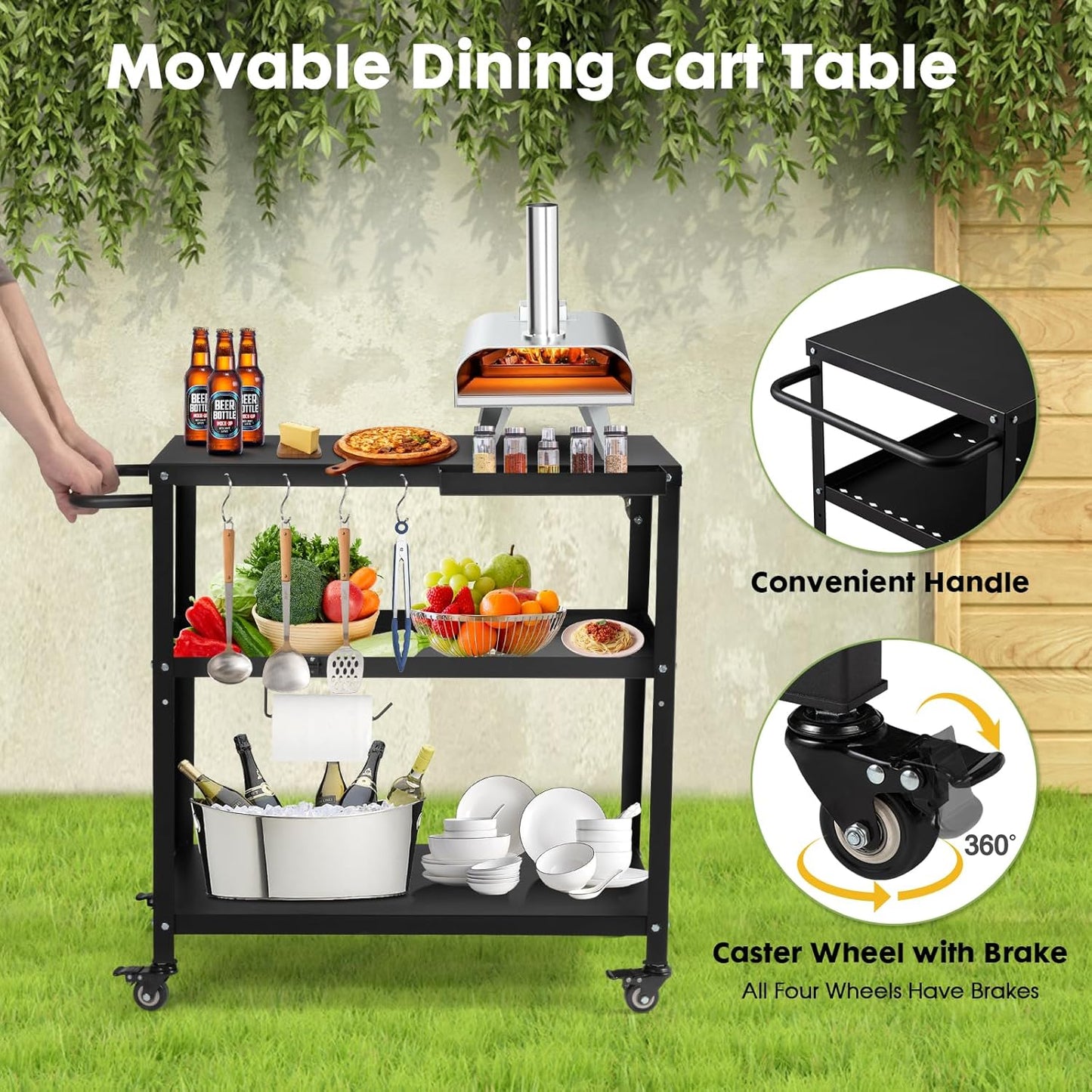 Outdoor Grill Cart Table,Indoor and Outdoor Pizza Oven Table,with 4 Movable Total Lock Casters, Hooks, Side Handle Multifunctional (Black)