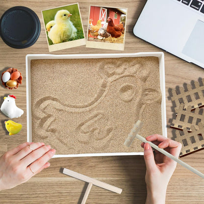 Threeheng Chicken Zen Garden Kit - Sand Tray Therapy Kit with Miniature Chicken Coop, Hen Figurines, and Accessories - Desk Sand Box for Meditation and Stress Relief - Fun Gift