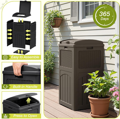 Greesum 33 Gallon Outdoor Trash Can with Lid, Waterproof Resin Garbage Bin for Hideaway, Deck, Patio, Dark Brown