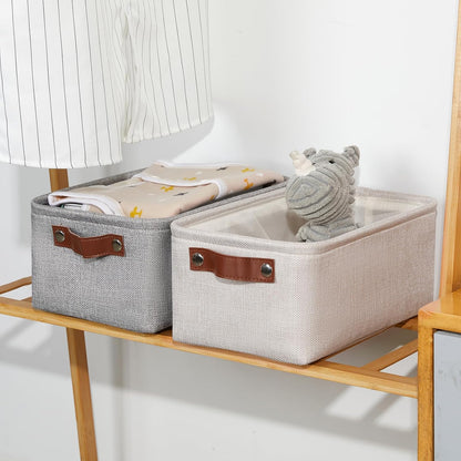 DULLEMELO Small Storage Basket for Shelves, Small Fabric Collapsible Rectangular Storage Bin for Shelves, Closets, Nursery, Home, Office, Empty Gift Basket (Beige)