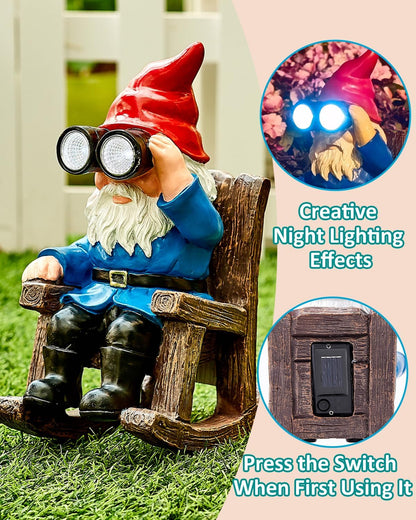 Solar Garden Gnome Statues Resin Gnome Figurines Sitting on Rocking Chair Outdoor Telescope Gnome Gifts for Yard, Patio Decor Gift