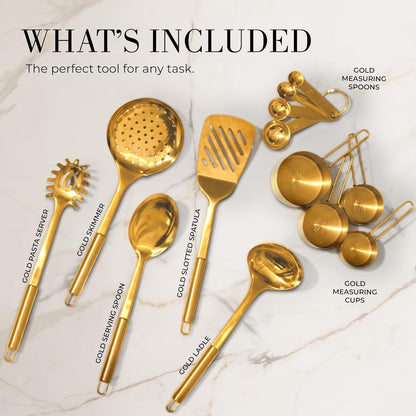 Gold Cooking Utensils with Measuring Cups and Spoons Set - 13-Piece Luxury Gold Kitchen Accessories Includes Metal Measuring Cups and Spoons for Baking, Cooking, and Elegant Kitchen Decor
