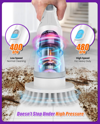 Electric Spin Scrubber, Cordless Shower Scrubber Rotary Floor Brushes & Pad Drivers with 6 Brush Heads - 2H Dual Speed, IPX7 Waterproof Extension Handle for Bathroom Tile Car Cleaning (White)