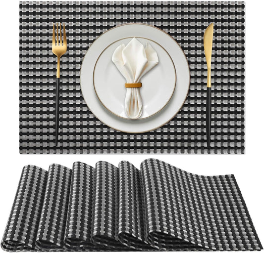 Vinyl Plastic Placemats Set of 6 Washable Heat Resistant Non-Slip Elegant Indoor Outdoor Kitchen Dining PVC Woven Table Place Mats (Black Silver Weaving)