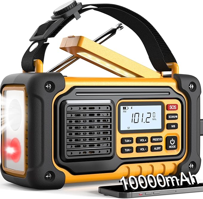 Emergency Weather Radio, AM/FM/SW/NOAA Hand Crank Radio with 37000mWh/10000mAh Portable Large Capacity, USB/Solar/Hand Crank Charging, AAA Battery Operated, SOS Alarm & Flashlight (Yellow)