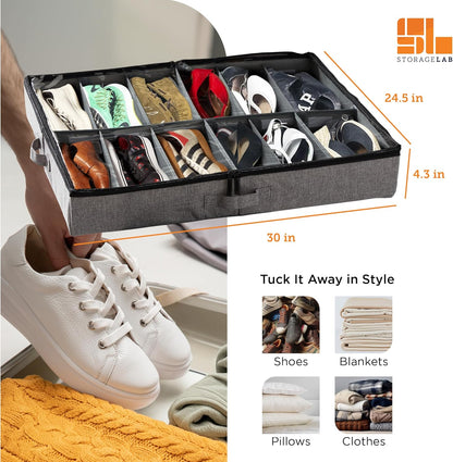 storageLAB Slim Under Bed Storage Containers, Closet Organizers with Sturdy Handles for Clothes, Comforters, and Accessories, Use Under or at the End of the Bed - 2 Pack, Dark Grey