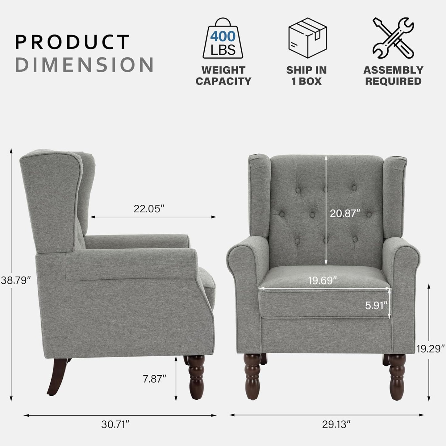 Lumibee High Back Accent Chair Set of 2,Upholstered Wingback Armchair with Solid Wood Legs for Small Spaces,Comfy Single Sofa Chair for Living Room,Bedroom,Office-Light Gray