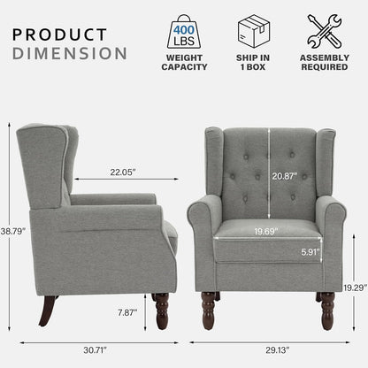 Lumibee High Back Accent Chair Set of 2,Upholstered Wingback Armchair with Solid Wood Legs for Small Spaces,Comfy Single Sofa Chair for Living Room,Bedroom,Office-Light Gray
