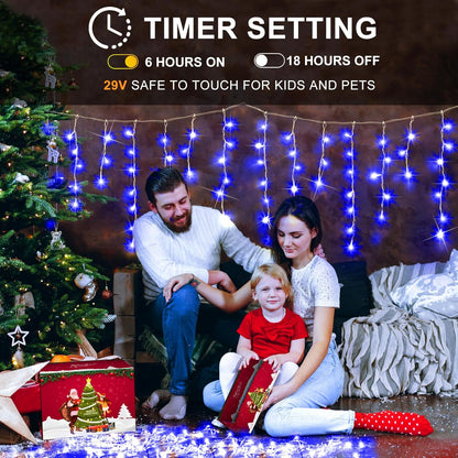 KNONEW Christmas Lights Outdoor Decorations 400 LED 33ft 8 Modes Curtain String Light with 75 Drops, Clear Wire LED Fairy Light Indoor Decor for Wedding Party Christmas Decorations(Blue)