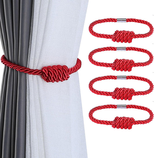 Fenghuangwu 4Pack Magnetic Curtain Tiebacks – Bohemian Style Handmade Woven Tie-Backs for Drapes,Elegant Exquisite Knot Holdbacks,Outdoor Boho & Modern Home Decor -Red