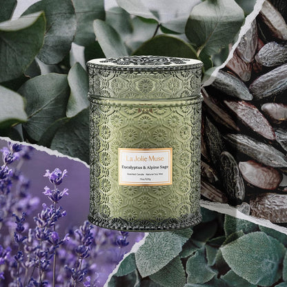 LA JOLIE MUSE Eucalyptus & Alpine Sage Candle – Eucalyptus, Sage & Lavender | 19 oz Wooden Wick | Natural Soy Wax | 90 Hours Burn | Candle for Relaxation