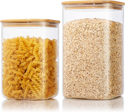 Extra Large Square Glass Flour & Sugar Storage Containers with Airtight Lids, 168oz & 84oz - 2 Pack Glass Jars with Bamboo Lids, Air tight Pantry Food Storage Containers for Cereal, Pasta, Rice