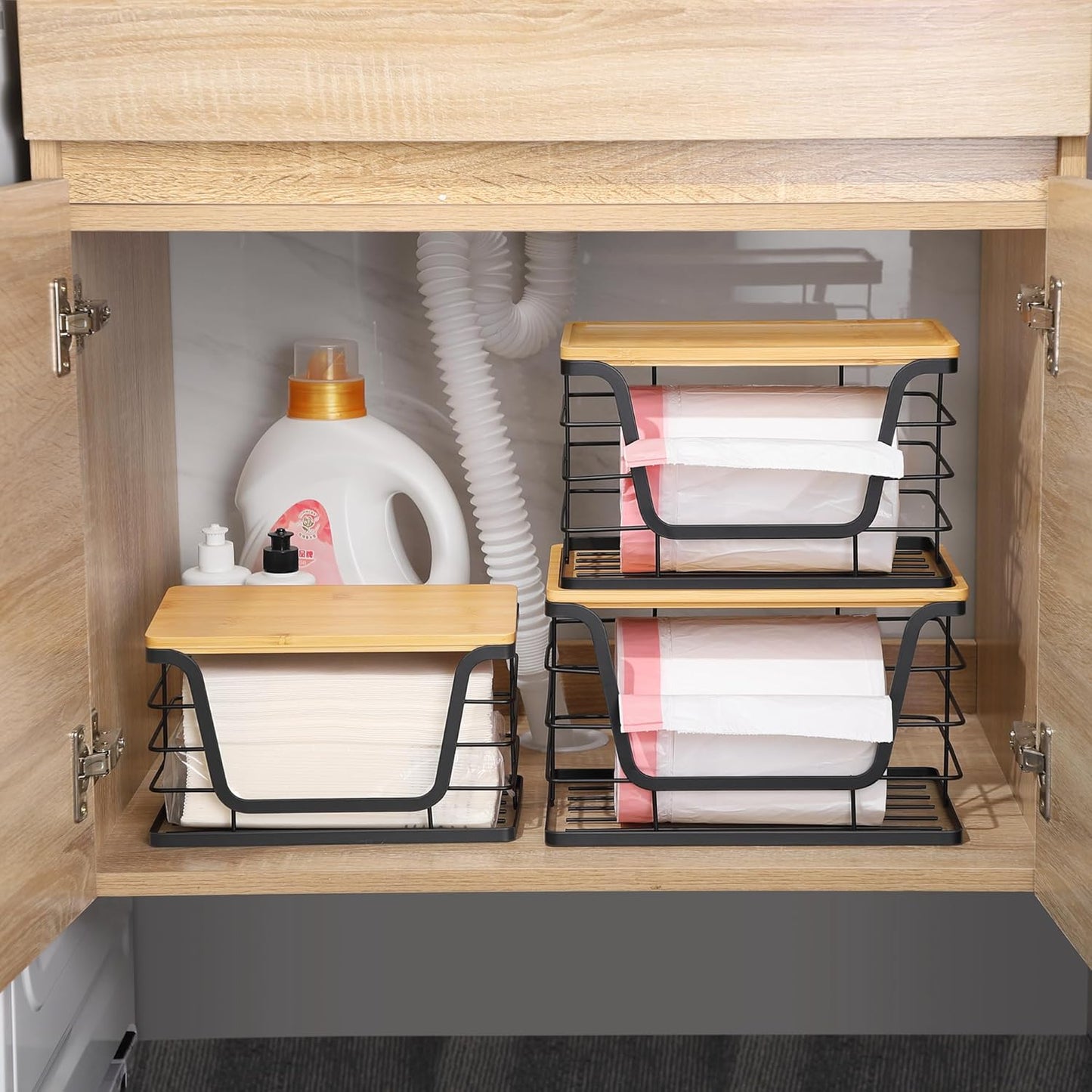 ALOCEO 3 Pack Stackable Storage Bins with Lids, Stainless Steel Trash Bag Dispenser Roll Holder for for Kitchen Sink, Laundry, Pantry Organizer and Storage