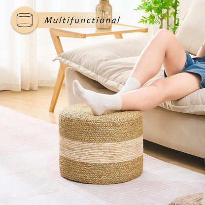 Handwoven Seagrass Ottoman Pouf, Round Outdoor Footstool with Sturdy Frame, No Assembly Needed, Boho Accent Stool for Indoor & Outdoor Use – Patio, Balcony, Living Room (Seagrass White)