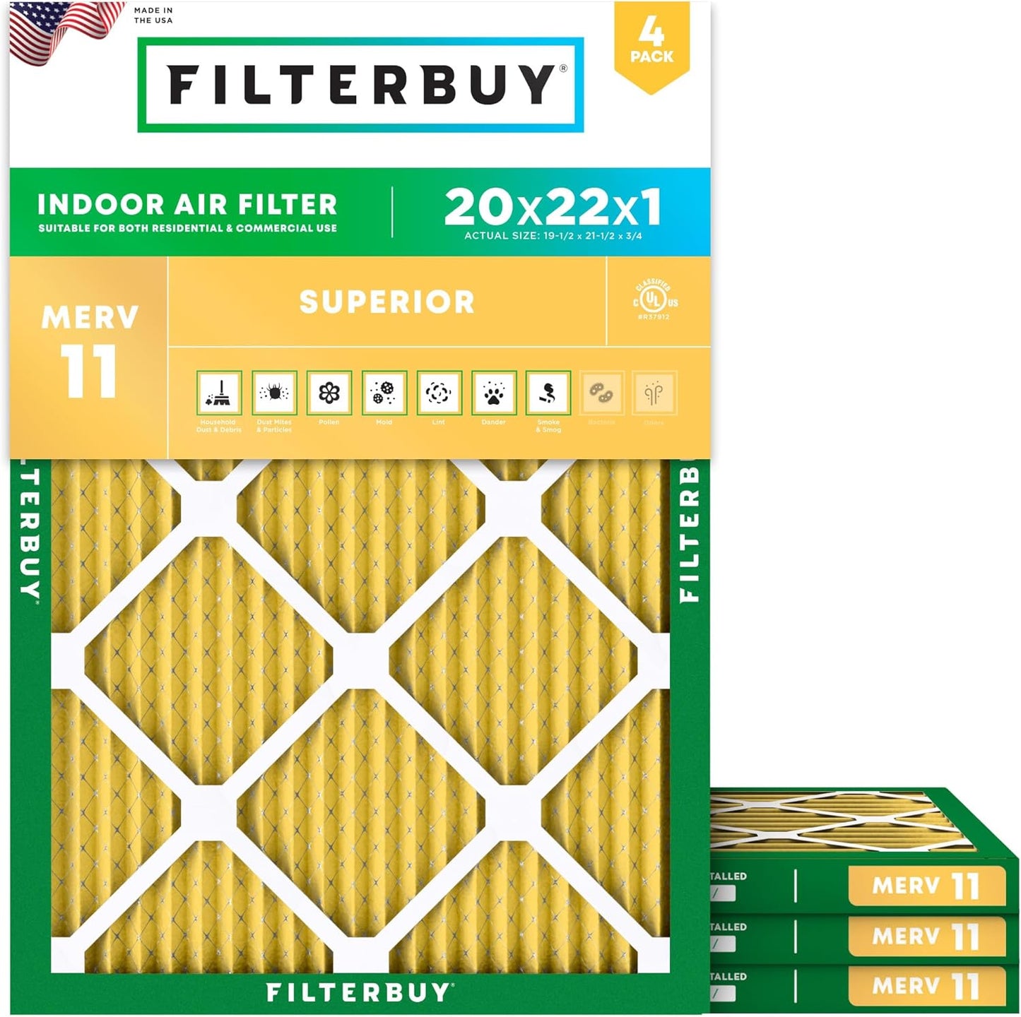 Filterbuy 20x22x1 Air Filter MERV 11 (MPR 1200) Allergen Defense Replacement (4-Pack), Electrostatic Pleated HVAC AC Furnace Filters, Made in USA (Actual Size: 19.50 x 21.50 x 0.75)